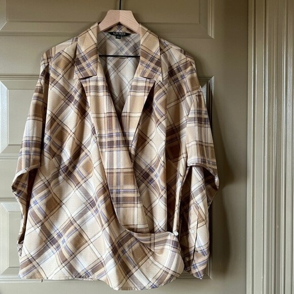 Lauren Ralph Lauren Tan Blue Plaid Wrap Plaid Blouse Womens 1X Long Sleeve - Picture 2 of 12